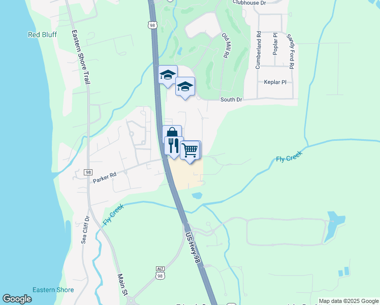 map of restaurants, bars, coffee shops, grocery stores, and more near 7693 Parker Road in Fairhope