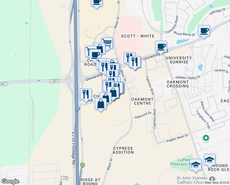 map of restaurants, bars, coffee shops, grocery stores, and more near 201 University Oaks Boulevard in Round Rock