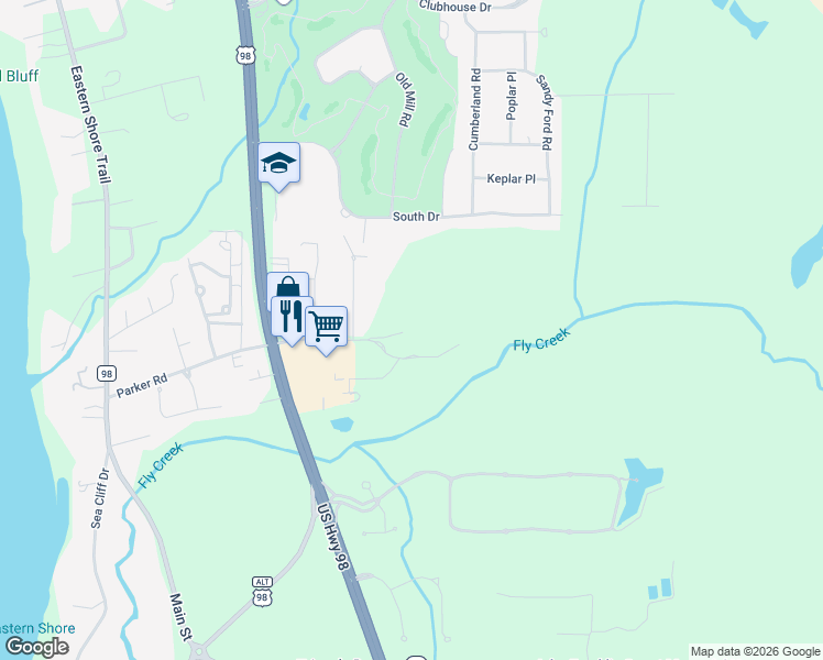map of restaurants, bars, coffee shops, grocery stores, and more near 7935 Parker Road in Fairhope