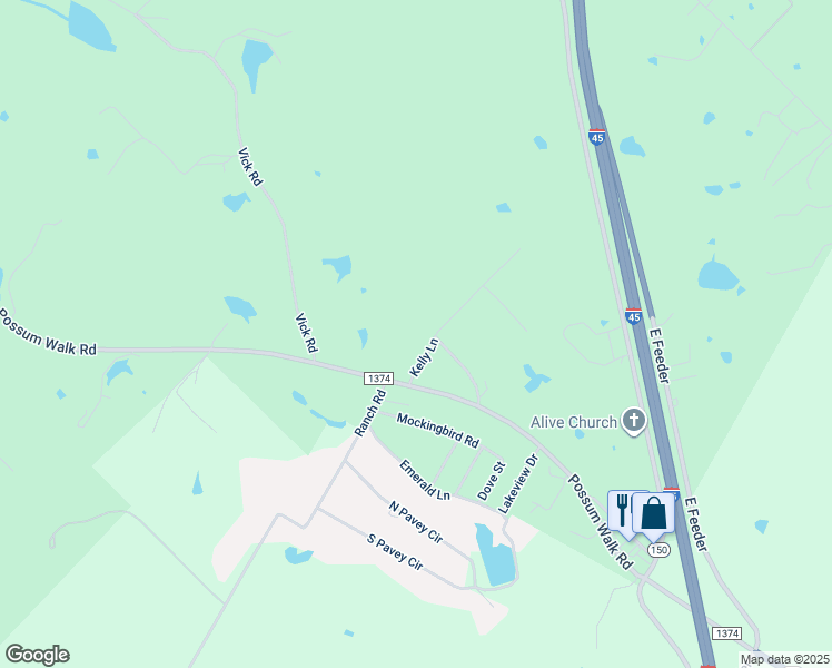 map of restaurants, bars, coffee shops, grocery stores, and more near 23 Kelly Lane in New Waverly