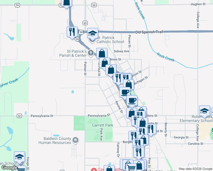 map of restaurants, bars, coffee shops, grocery stores, and more near 18163 Wisconsin Street in Robertsdale