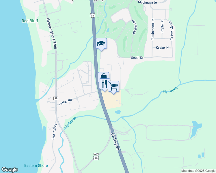 map of restaurants, bars, coffee shops, grocery stores, and more near 7625-A Parker Road in Fairhope