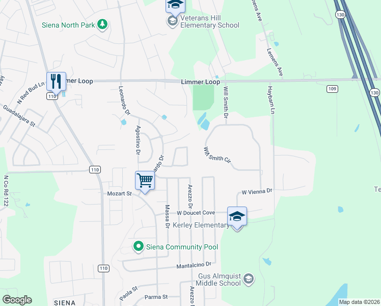 map of restaurants, bars, coffee shops, grocery stores, and more near 5976 Malta Circle in Hutto