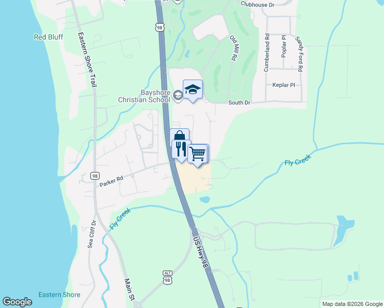 map of restaurants, bars, coffee shops, grocery stores, and more near 7693 Parker Road in Fairhope