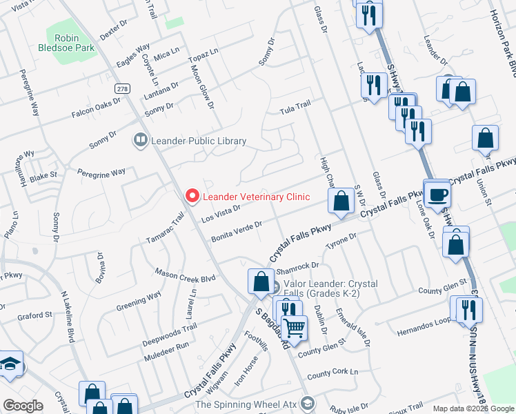 map of restaurants, bars, coffee shops, grocery stores, and more near 807 Bonita Verde Drive in Leander
