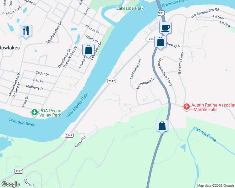 map of restaurants, bars, coffee shops, grocery stores, and more near 504 Enclavar in Marble Falls