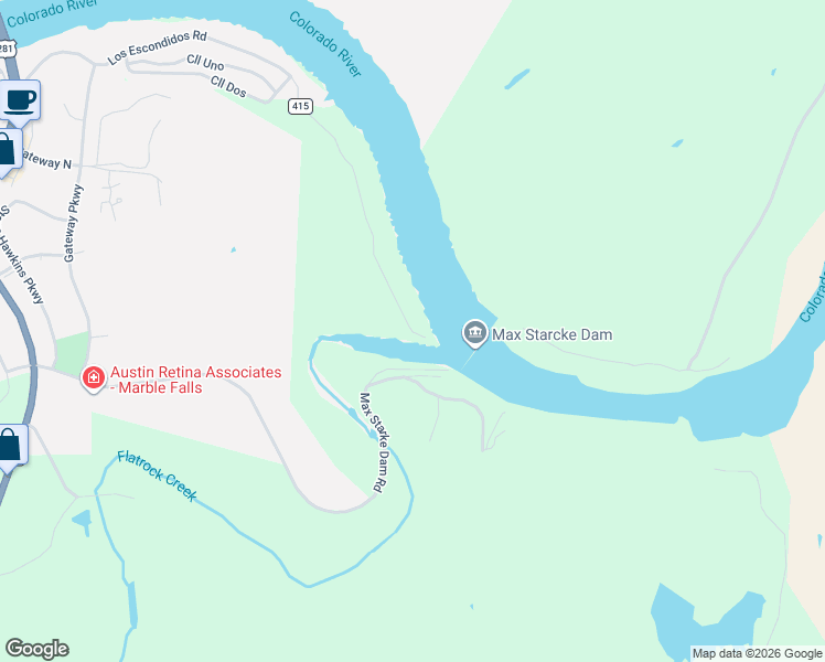 map of restaurants, bars, coffee shops, grocery stores, and more near 1450 Los Escondidos in Marble Falls