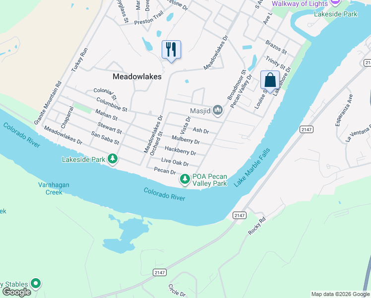 map of restaurants, bars, coffee shops, grocery stores, and more near 1106 Hackberry Drive in Marble Falls