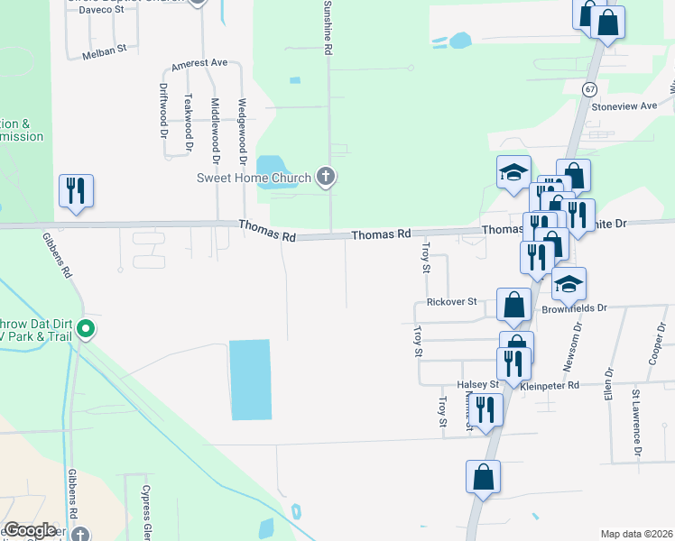 map of restaurants, bars, coffee shops, grocery stores, and more near 12249 Arena Drive in Brownfields