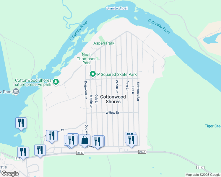 map of restaurants, bars, coffee shops, grocery stores, and more near 737 Aspen Lane in Cottonwood Shores