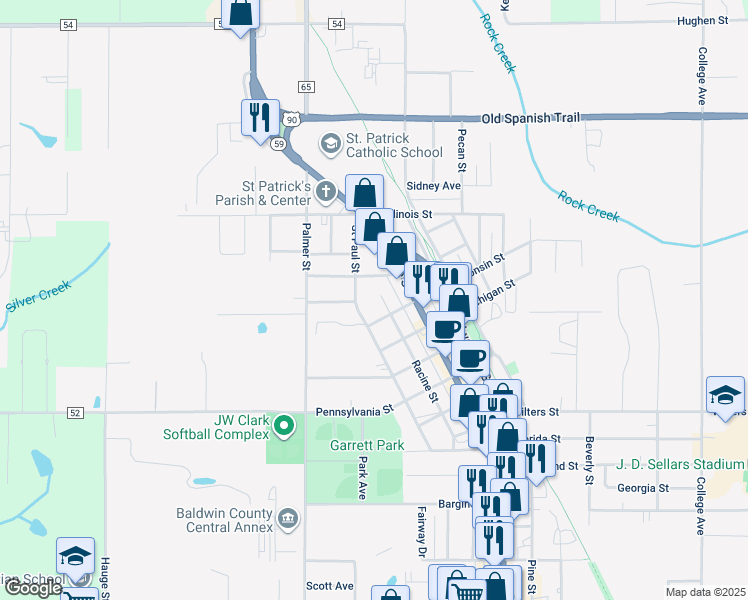 map of restaurants, bars, coffee shops, grocery stores, and more near 18163 Wisconsin Street in Robertsdale