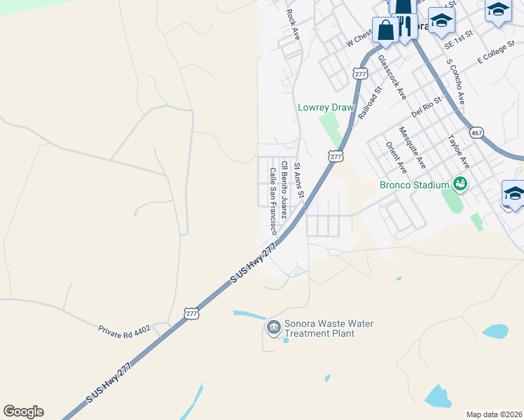 map of restaurants, bars, coffee shops, grocery stores, and more near 309 Calle De Santa Rosa in Sonora