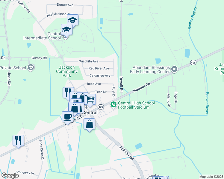 map of restaurants, bars, coffee shops, grocery stores, and more near 13986 Tech Drive in Baton Rouge