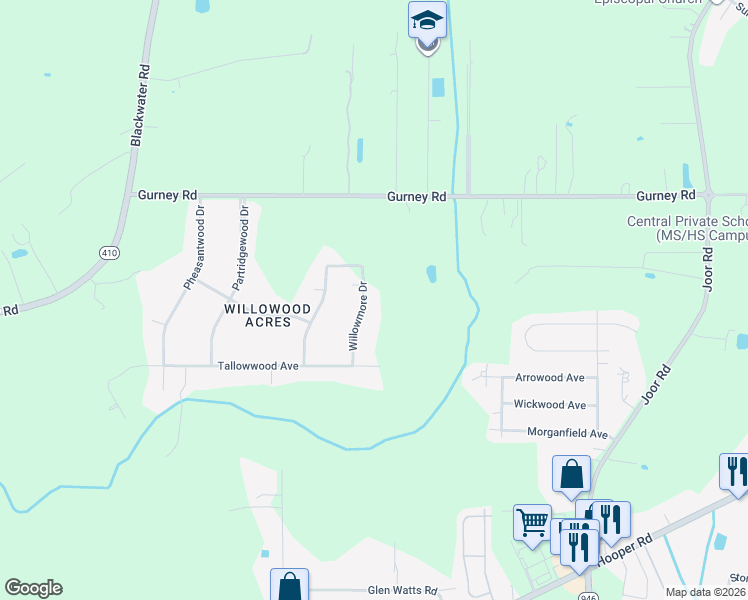 map of restaurants, bars, coffee shops, grocery stores, and more near 12118-12128 Willowmore Drive in Baker