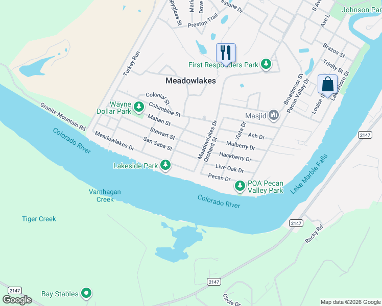 map of restaurants, bars, coffee shops, grocery stores, and more near 303 San Saba Street in Meadowlakes