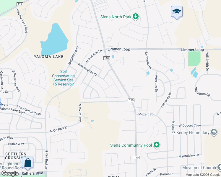 map of restaurants, bars, coffee shops, grocery stores, and more near 2808 Penelope Court in Round Rock