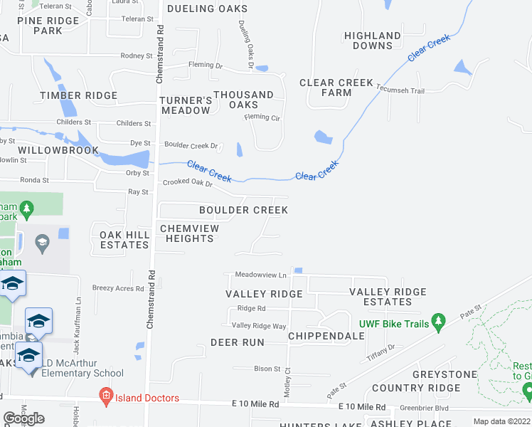 map of restaurants, bars, coffee shops, grocery stores, and more near 10861 Shadow Creek Drive in Pensacola