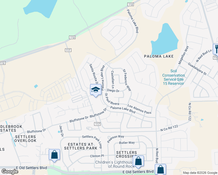 map of restaurants, bars, coffee shops, grocery stores, and more near 2905 Saint Paul Rivera in Round Rock