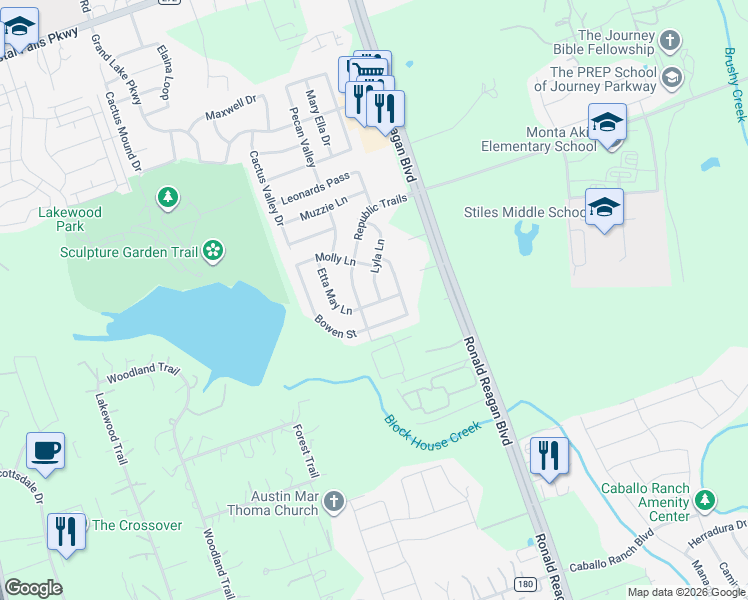 map of restaurants, bars, coffee shops, grocery stores, and more near 2429 Lyla Lane in Leander