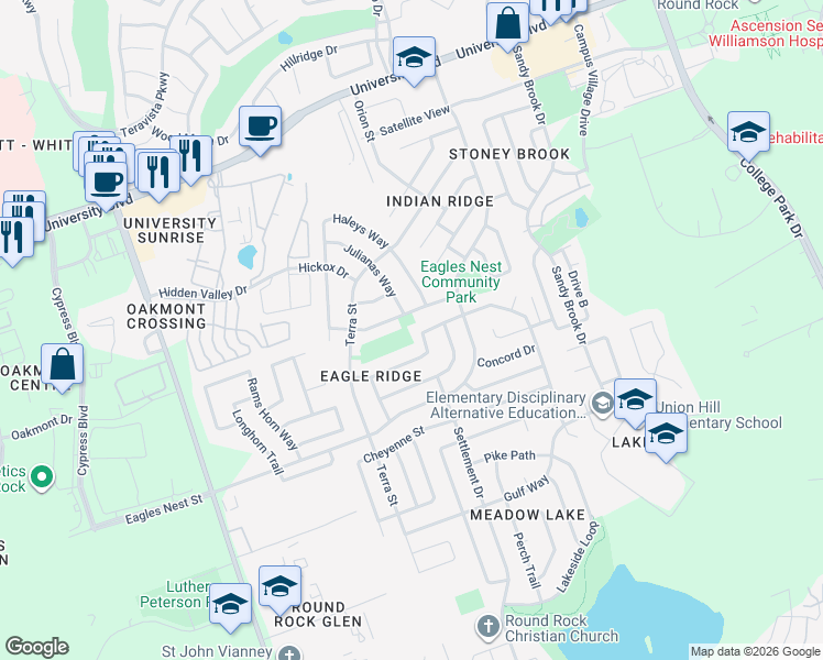 map of restaurants, bars, coffee shops, grocery stores, and more near 3832 Laurel Ridge Drive in Round Rock