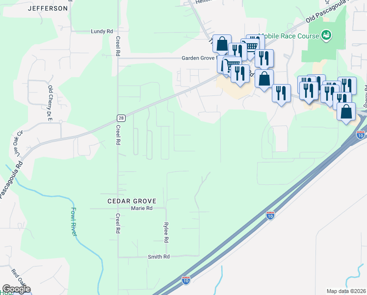 map of restaurants, bars, coffee shops, grocery stores, and more near 7550 Paddock Drive in Theodore