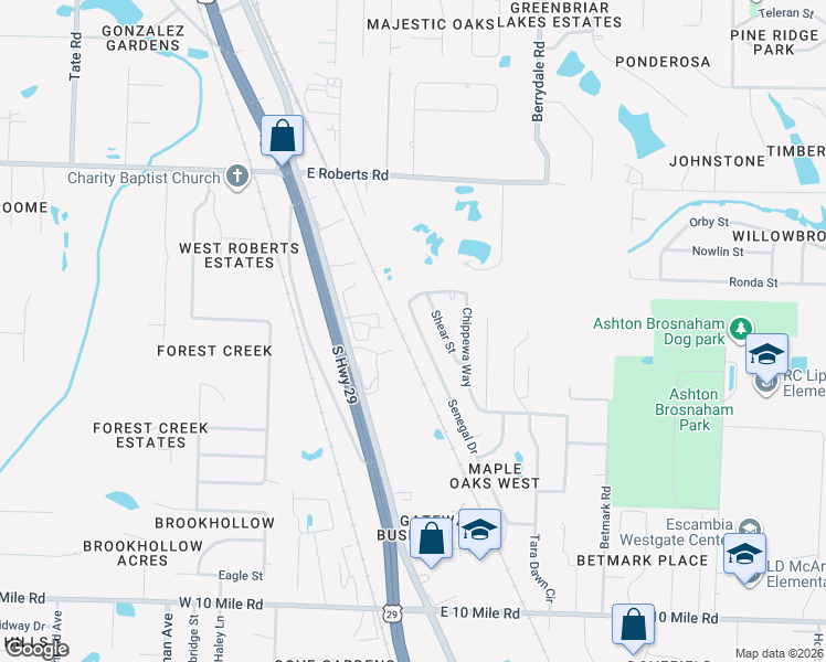 map of restaurants, bars, coffee shops, grocery stores, and more near 10668 Senegal Drive in Pensacola