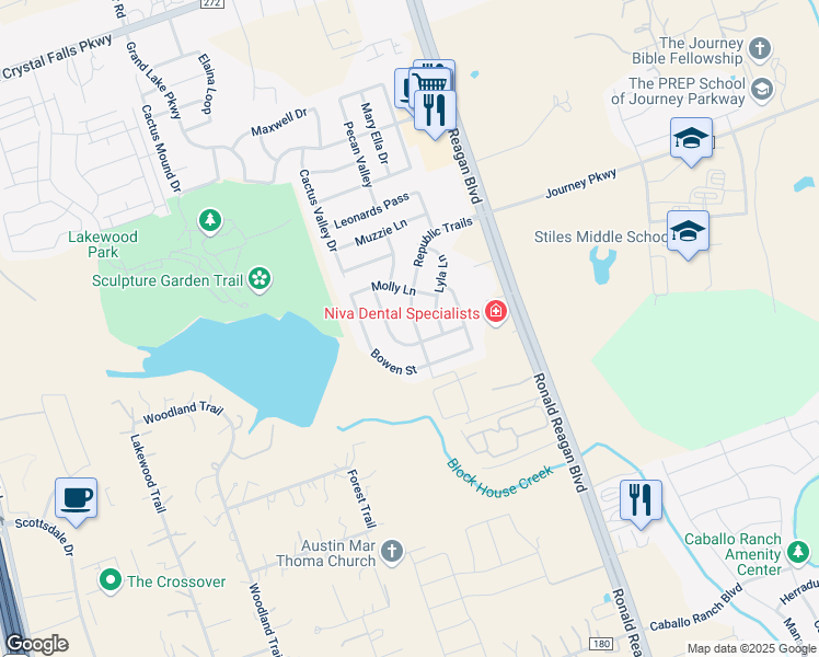 map of restaurants, bars, coffee shops, grocery stores, and more near 2429 Lyla Lane in Leander