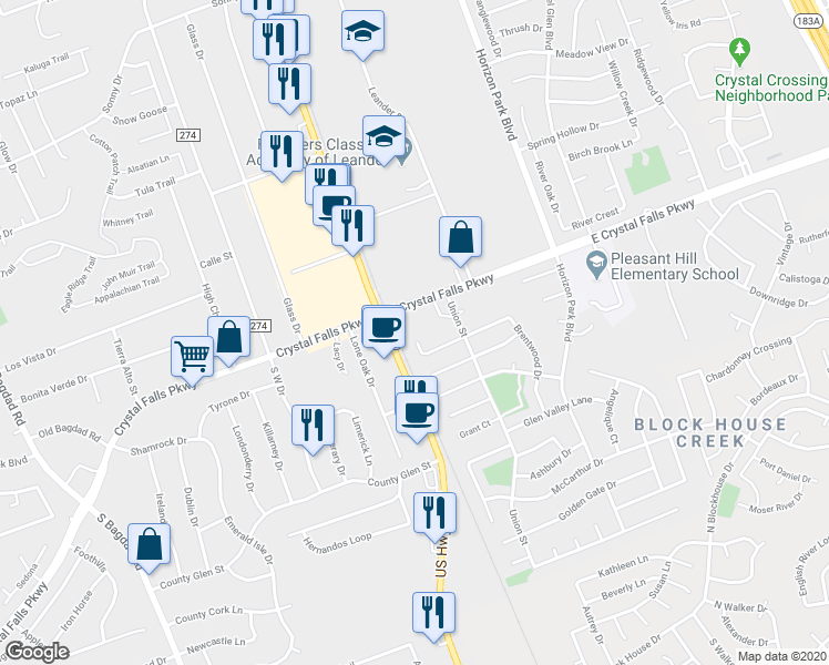map of restaurants, bars, coffee shops, grocery stores, and more near 1800 Kwai Cove in Leander