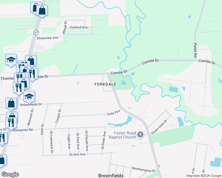 map of restaurants, bars, coffee shops, grocery stores, and more near 12147 Foster Road in Baton Rouge