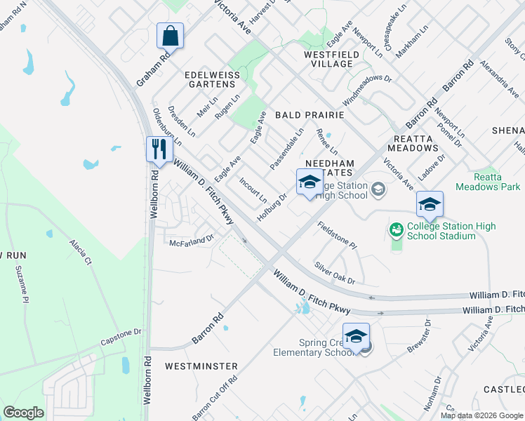 map of restaurants, bars, coffee shops, grocery stores, and more near 3925 Incourt Lane in College Station