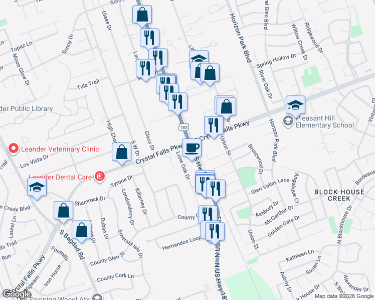 map of restaurants, bars, coffee shops, grocery stores, and more near 1701 U.S. 183 in Leander