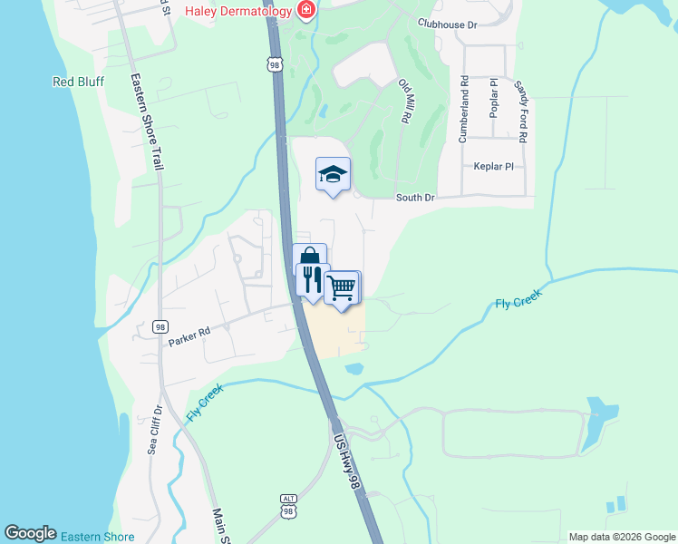 map of restaurants, bars, coffee shops, grocery stores, and more near 22841 High Ridge Road in Fairhope