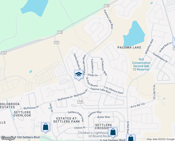 map of restaurants, bars, coffee shops, grocery stores, and more near 2908 Saint Paul Rivera in Round Rock