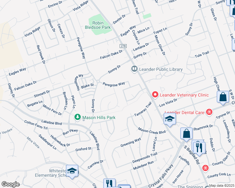 map of restaurants, bars, coffee shops, grocery stores, and more near 1204 Volente Lane in Leander