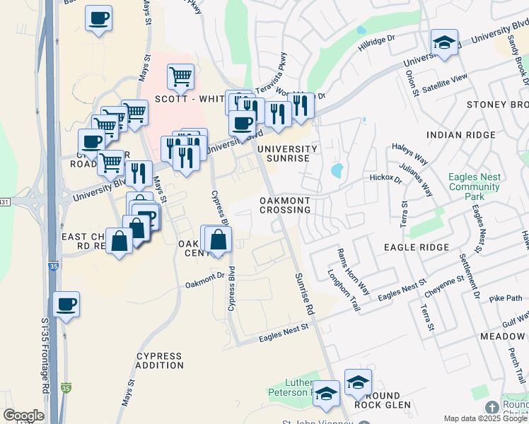 map of restaurants, bars, coffee shops, grocery stores, and more near 4020 Sunrise Road in Round Rock