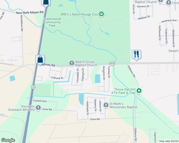 map of restaurants, bars, coffee shops, grocery stores, and more near 2650 Thomas Road in Baton Rouge
