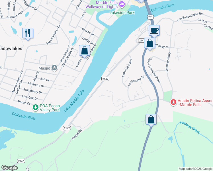 map of restaurants, bars, coffee shops, grocery stores, and more near 520 Bendito Way in Marble Falls