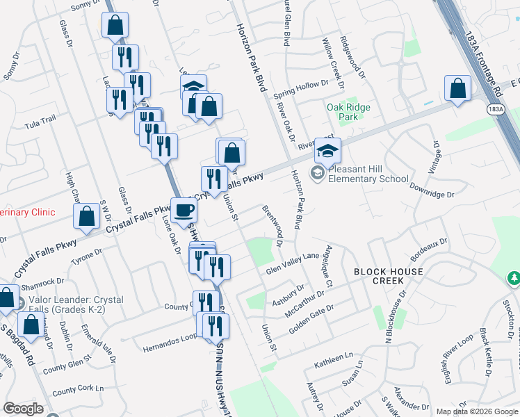 map of restaurants, bars, coffee shops, grocery stores, and more near 1802 Brentwood Drive in Leander