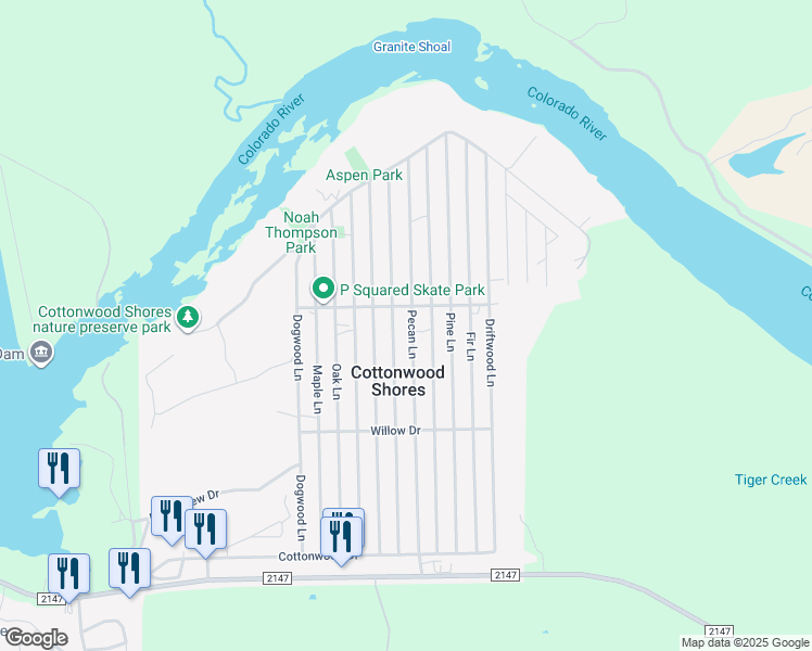 map of restaurants, bars, coffee shops, grocery stores, and more near 756 Pecan Lane in Cottonwood Shores