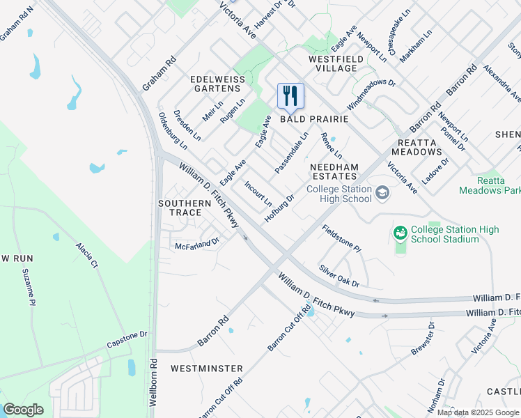 map of restaurants, bars, coffee shops, grocery stores, and more near 3925 Incourt Lane in College Station
