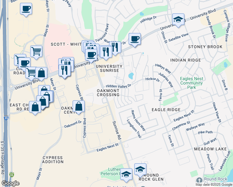map of restaurants, bars, coffee shops, grocery stores, and more near 901 Hidden Valley Drive in Round Rock