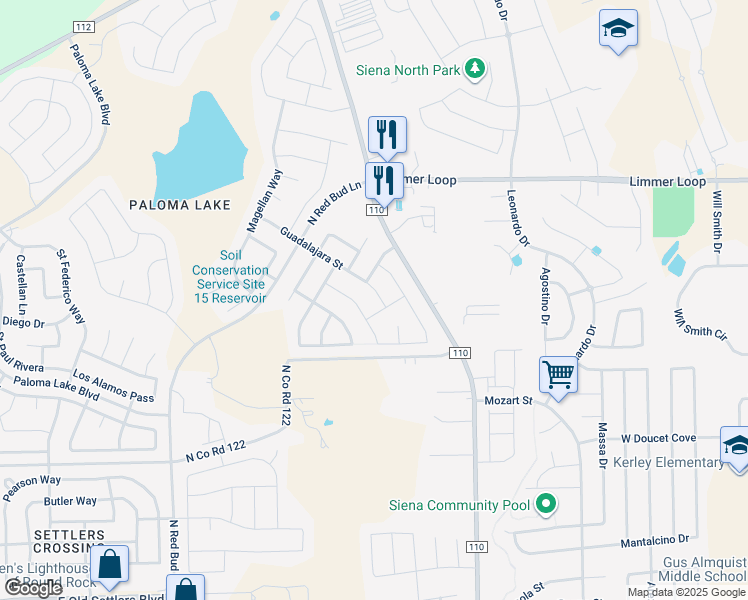map of restaurants, bars, coffee shops, grocery stores, and more near 3528 Penelope Way in Round Rock