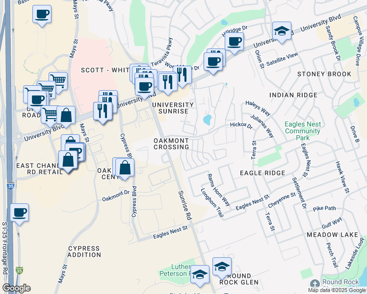 map of restaurants, bars, coffee shops, grocery stores, and more near 901 Hidden Valley Drive in Round Rock