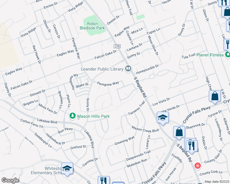 map of restaurants, bars, coffee shops, grocery stores, and more near 1204 Volente Lane in Leander