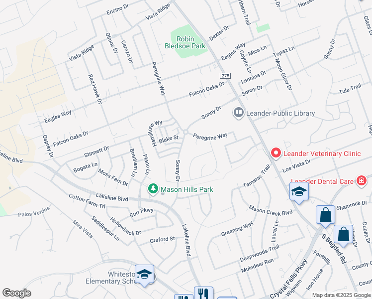 map of restaurants, bars, coffee shops, grocery stores, and more near 1400 Blake Street in Leander