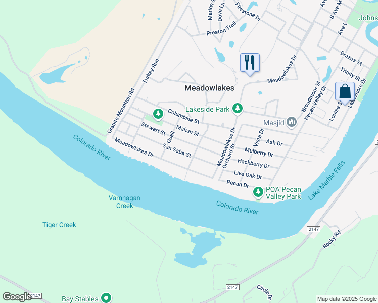 map of restaurants, bars, coffee shops, grocery stores, and more near 317 Stewart Street in Meadowlakes