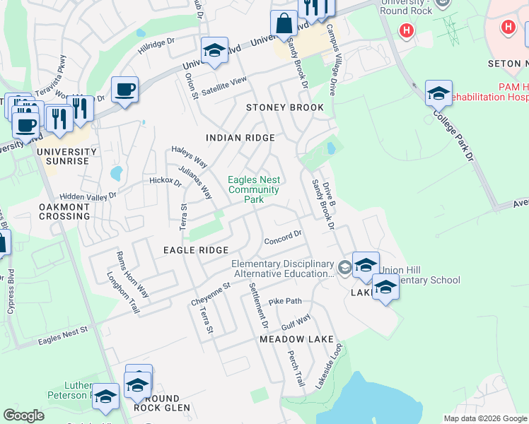 map of restaurants, bars, coffee shops, grocery stores, and more near 3809 Hawk View Street in Round Rock