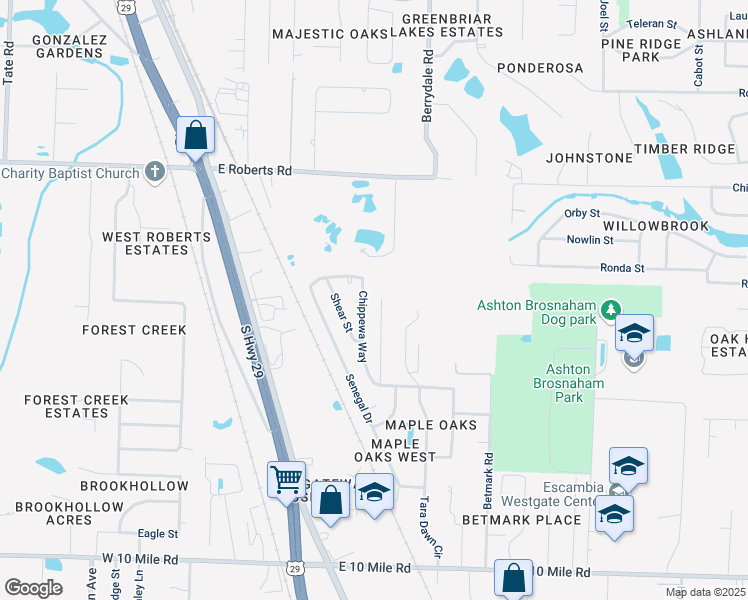 map of restaurants, bars, coffee shops, grocery stores, and more near 10605 Wilderness Lane in Pensacola
