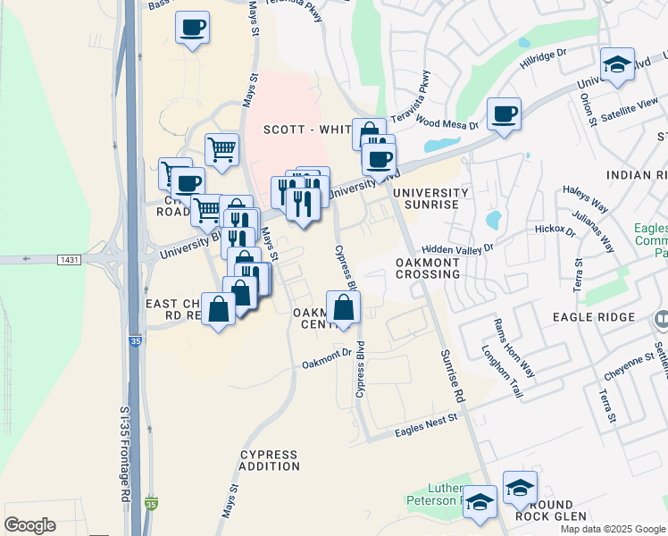 map of restaurants, bars, coffee shops, grocery stores, and more near 33 Cypress Boulevard in Round Rock