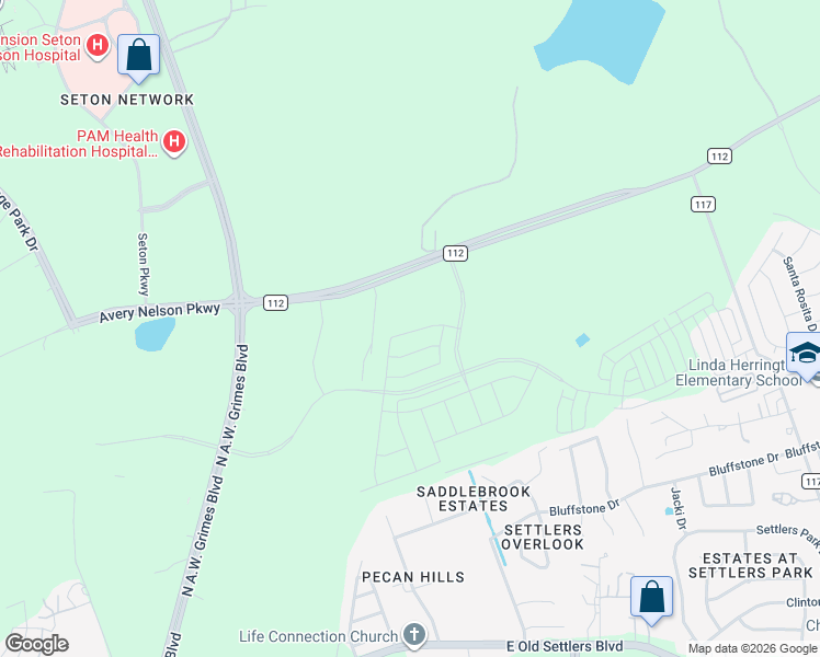 map of restaurants, bars, coffee shops, grocery stores, and more near 1705 County Road 112 in Round Rock